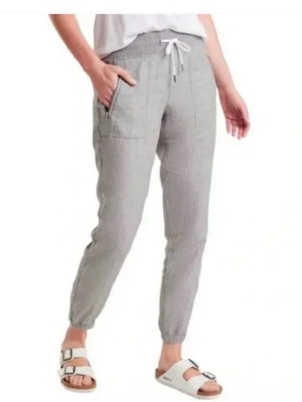 Athleta Cabo Linen Jogger Pant Women 12 Light Gray Athleisure Travel Lightweight